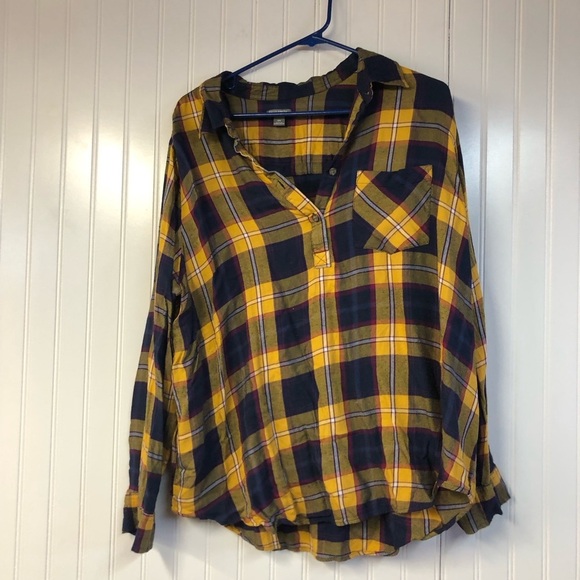 Falls Creek Tops - Falls Creek Plaid Yellow and Blue Women's 1/4 Button Pullover Flannel Top 2X